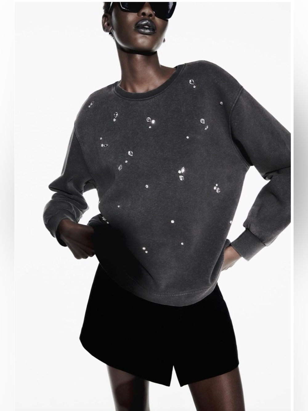 ZARA Embellished Faded Dark Gray Crewneck Sweatshirt size large